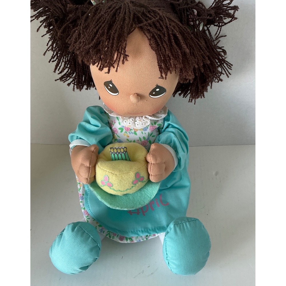 Precious Moments Y2K April Birthday Cloth Doll Floral Dress Teal Apron 12" Plush